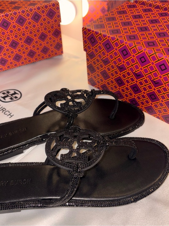 Tory Burch Shoes - Tory Burch Black Crystal Logo Thong Sandals
